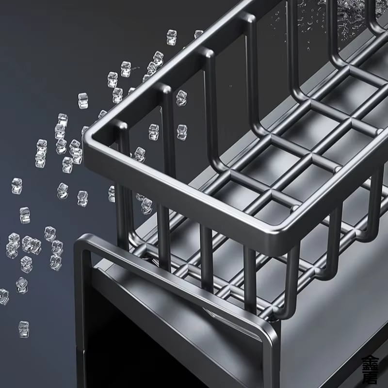 matte black metal wire sink organizer with a grid design and rounded edges featuring a drainage rack for efficient drying and storage