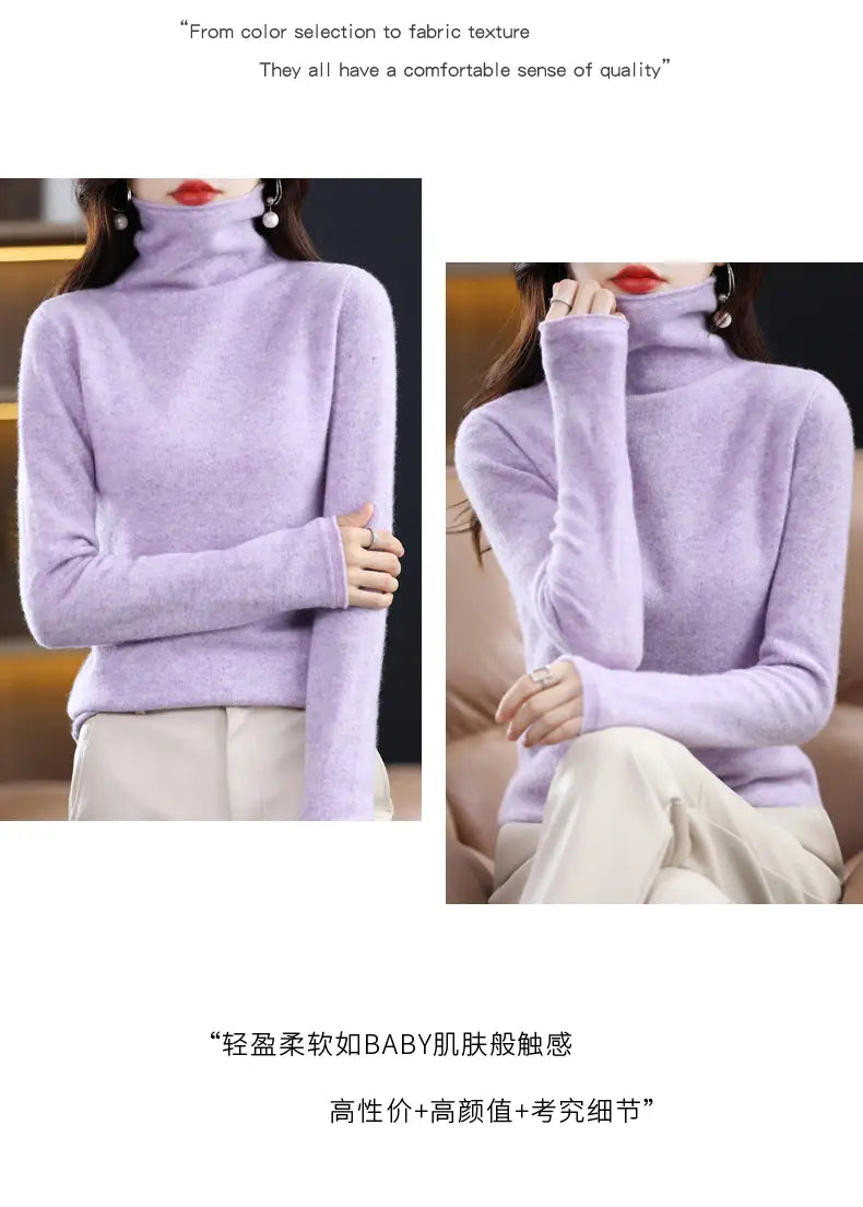 A soft lavender merino wool turtleneck sweater for women with a smooth plush fabric texture.
