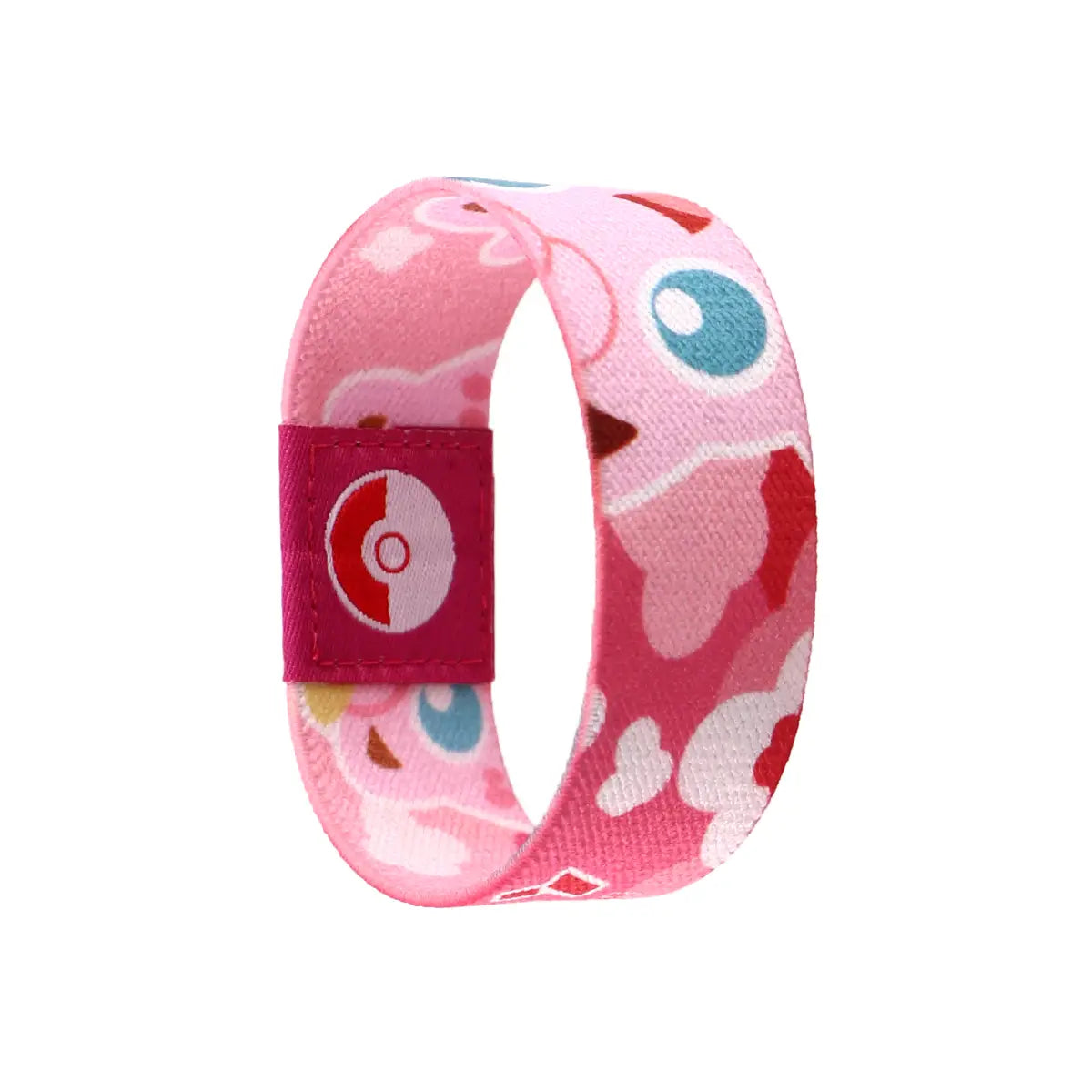 pink stretch wristband bracelet made of elastic fabric featuring a playful kirby character pattern and a magenta patch with the poké ball logo for casual wear