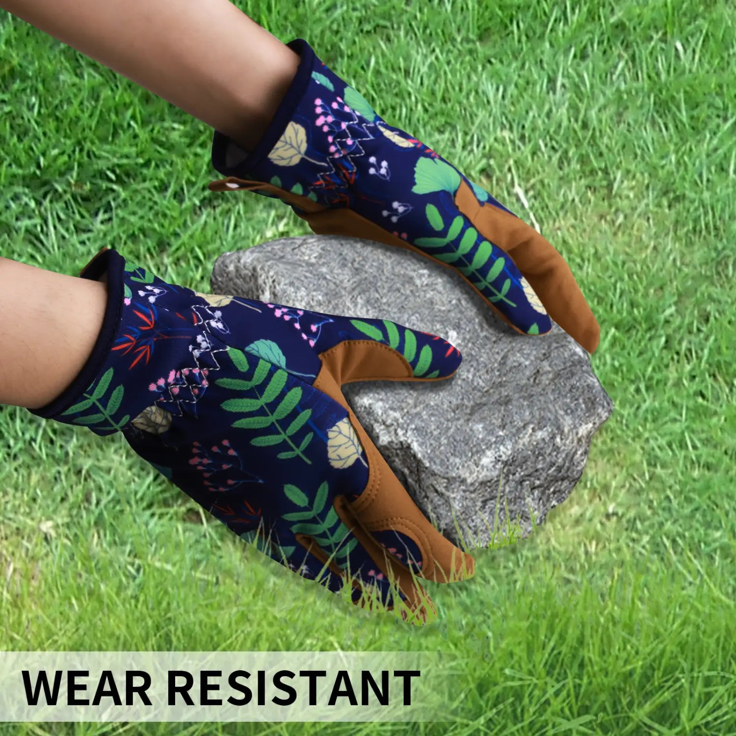 Gants de jardinage floraux bleu foncé pour femmes, avec tissu respirant et finitions en cuir marron sur les paumes, conçus pour être anti-épines.