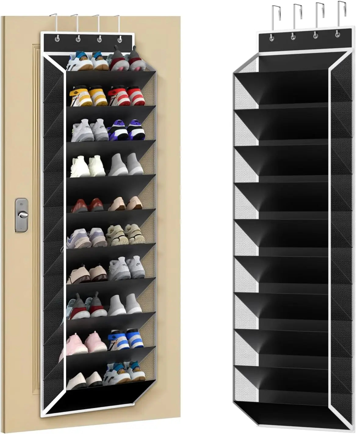 Organisateur de chaussures à mailles noires au-dessus de la porte, avec bordure blanche et crochets de suspension, comprend 10 niveaux pour un rangement efficace des chaussures au-dessus de la porte