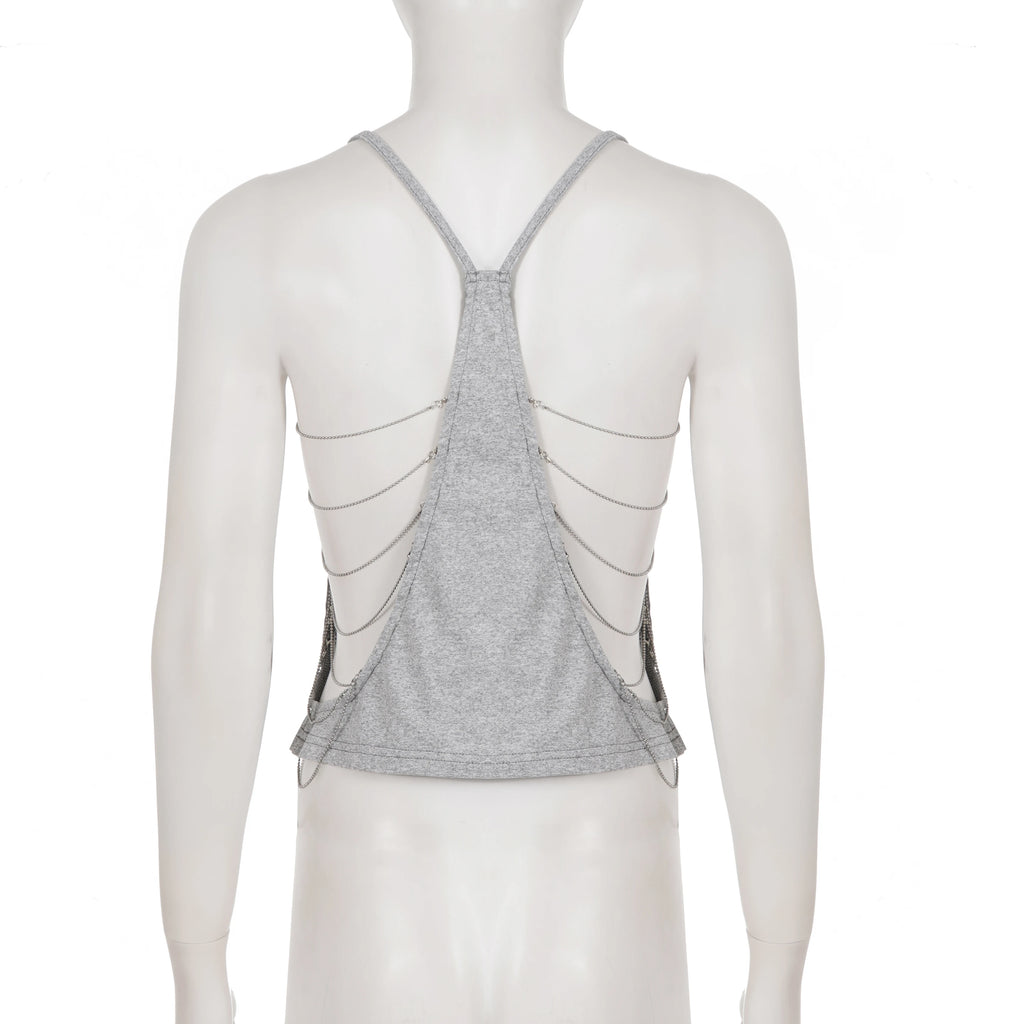 Women's Chic Summer Strappy Back Tank Top in Soft Gray Minimalist Open Back Design with Delicate Crisscross Detailing Camisoles
