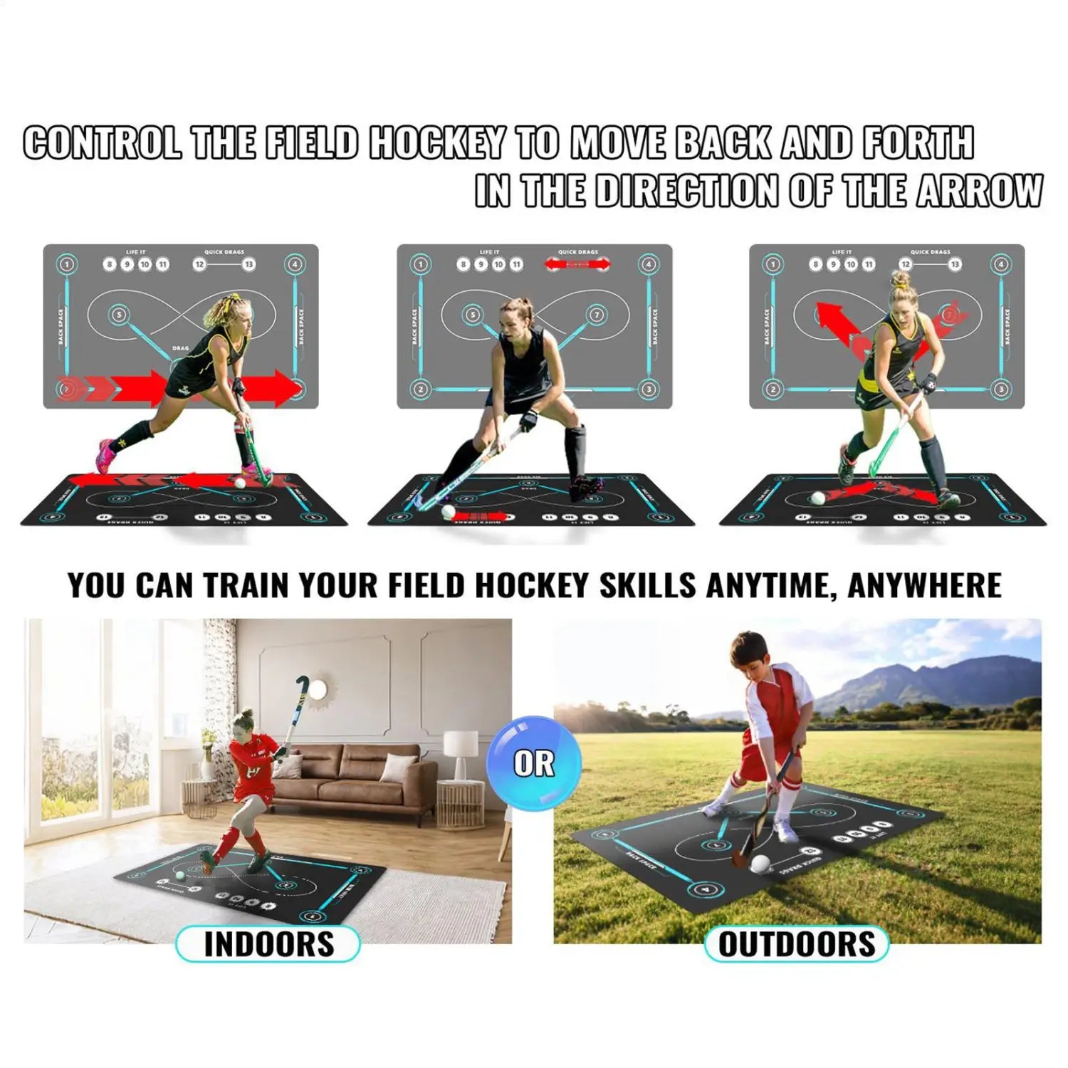 Schwarze Feldhockey-Trainingsmatte, rutschfestes Pad zum Stockführen, mit türkis- und weißfarbenen Richtungspfeilen sowie nummerierten Drills für die Nutzung im Innen- oder Außenbereich.