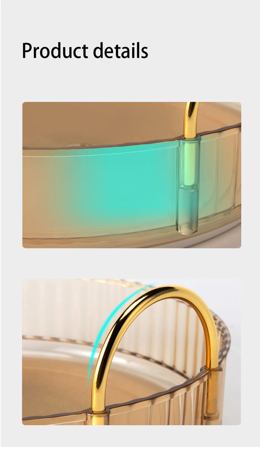 Eine transparente bernsteinfarbene Glasschale mit gerippten Kanten und einem goldfarbenen Metallstangengriff, ausgelegt für eine große Aufbewahrung in einem drehbaren Make-up-Organizer mit drei Ebenen.