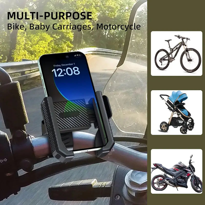 Soporte universal para teléfono de bicicleta con textura de fibra de carbono en color negro, para GPS en el manillar, compatible con motocicletas, bicicletas y carriolas para bebé.
