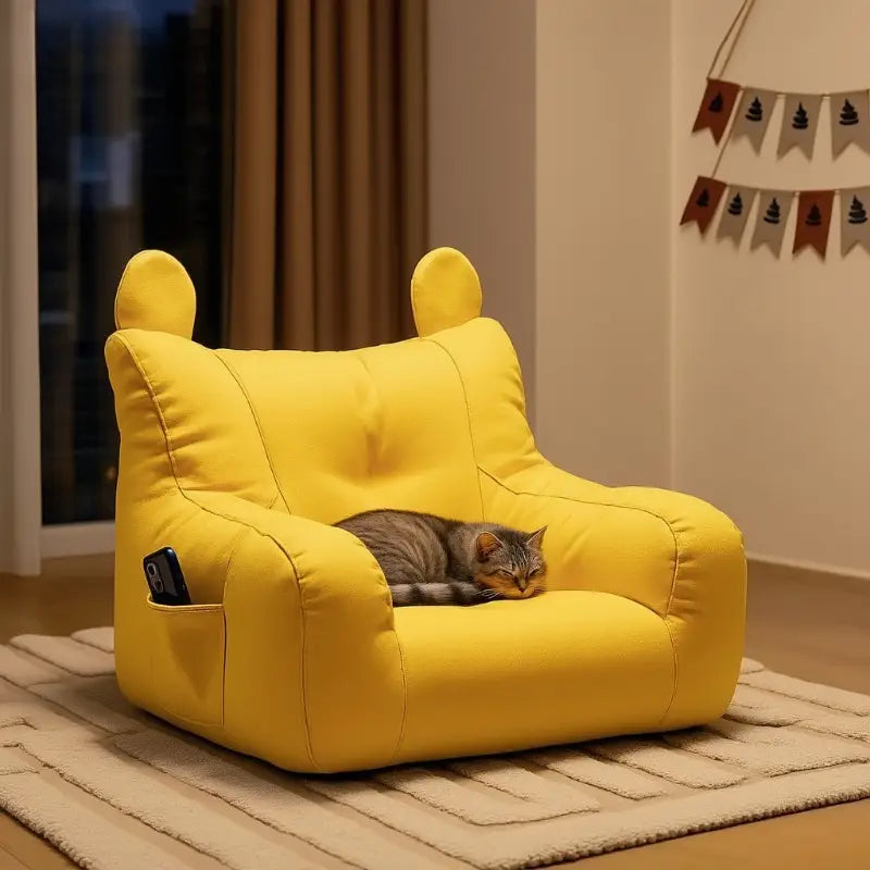Bright yellow plush cat sofa bed from Mainland China featuring soft fabric and rounded ear-like handles for enhanced comfort.