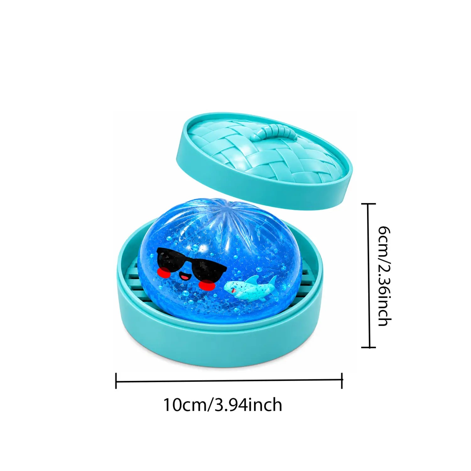 a translucent blue gel-filled squishy dumpling stress ball with a cartoon shark face wearing sunglasses inside a turquoise plastic container as finished goods