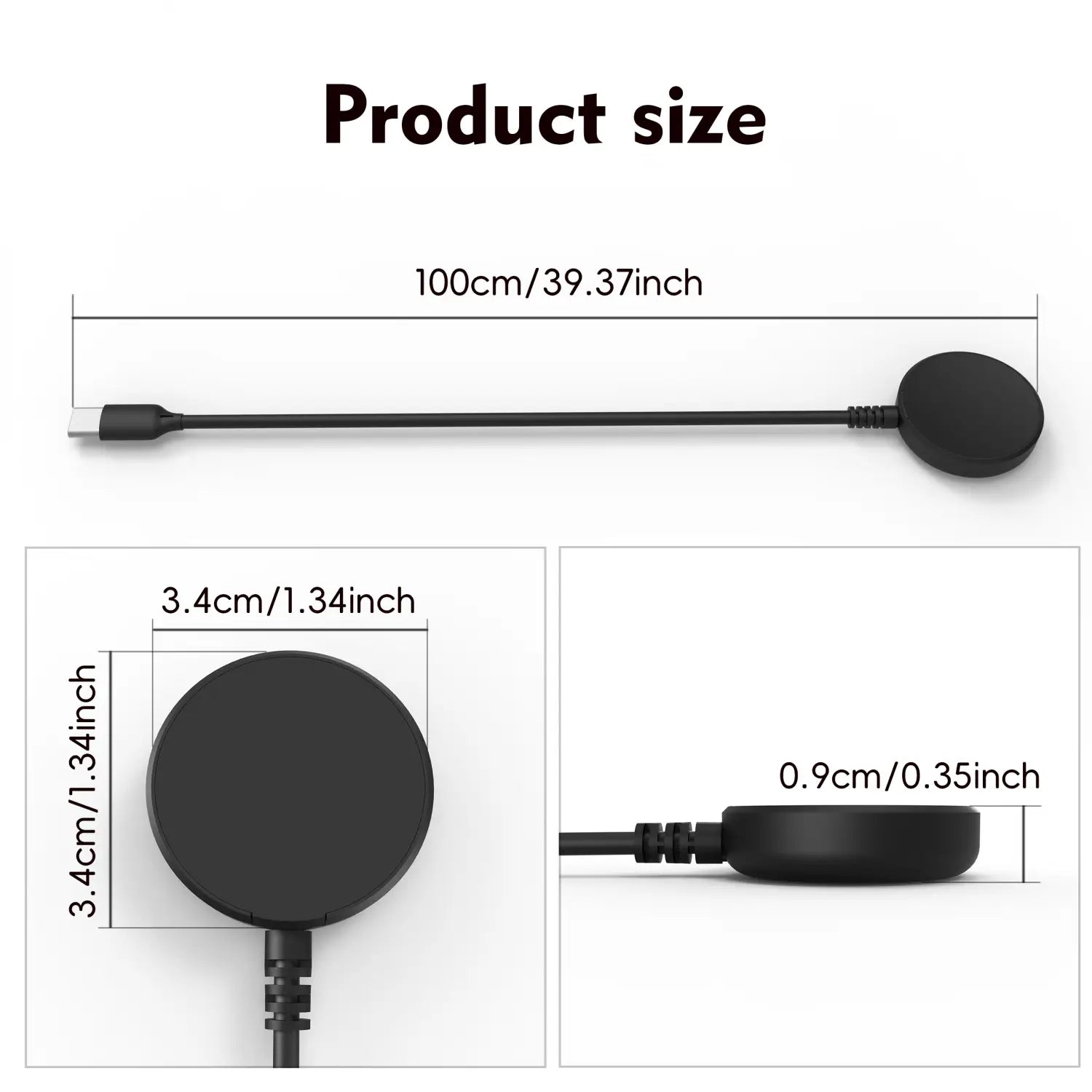 Black sleek circular galaxy watch magnetic wireless charger usb a and c with usb-c cable attached