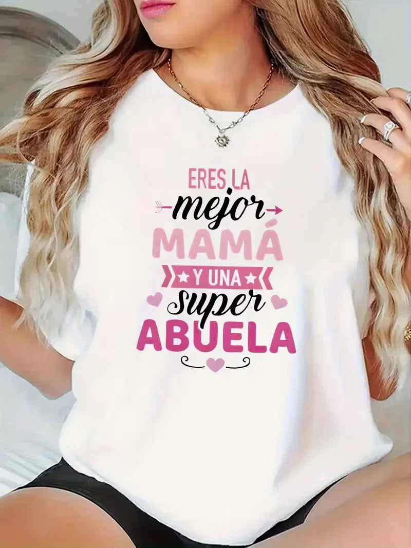 Women's Casual Short Sleeve T-Shirt for Living Room Lightweight Comfortable Spanish Text for Family Gatherings and Daily Wear