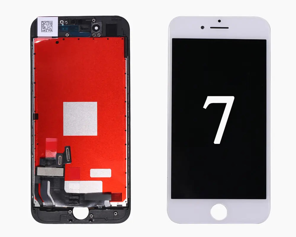 ensemble écran d’affichage LCD de l’écran tactile iPhone 7 blanc, montrant à la fois le côté du composant interne et la vue de l’écran assemblé pour les écrans LCD et le remplacement de l’écran tactile compatible avec iPhone 5 à 8 Plus