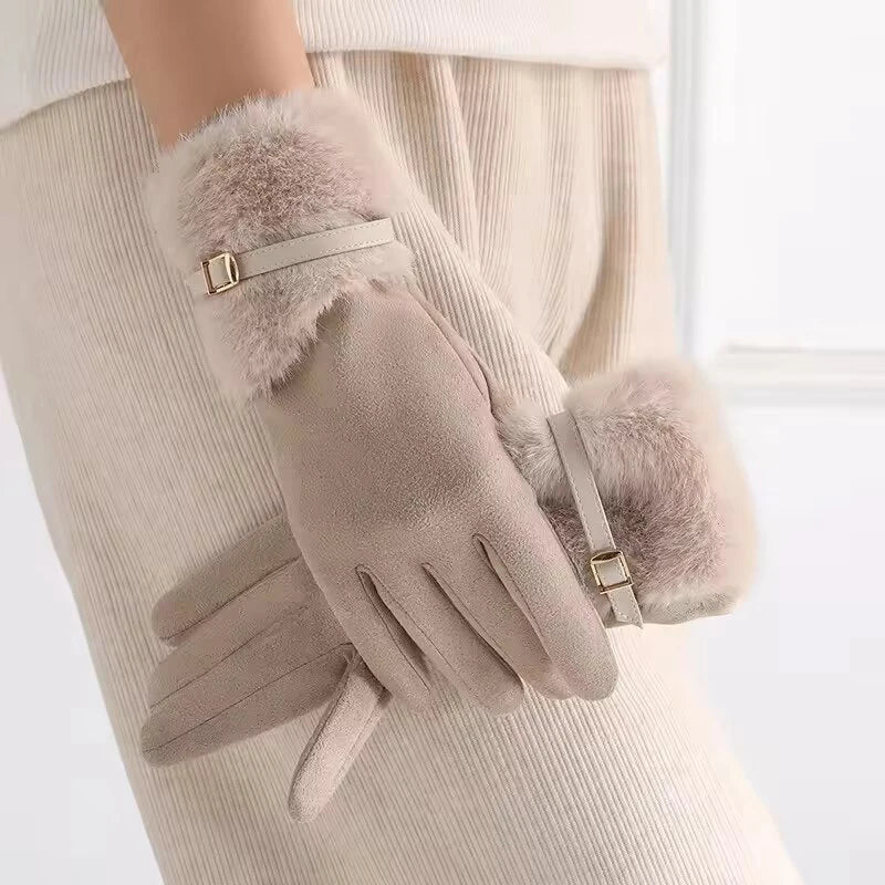 Women's Winter Gloves Warm Fleece Lined Windproof Cold-Resistant Touchscreen Compatible with Plush Decoration for Autumn Winter