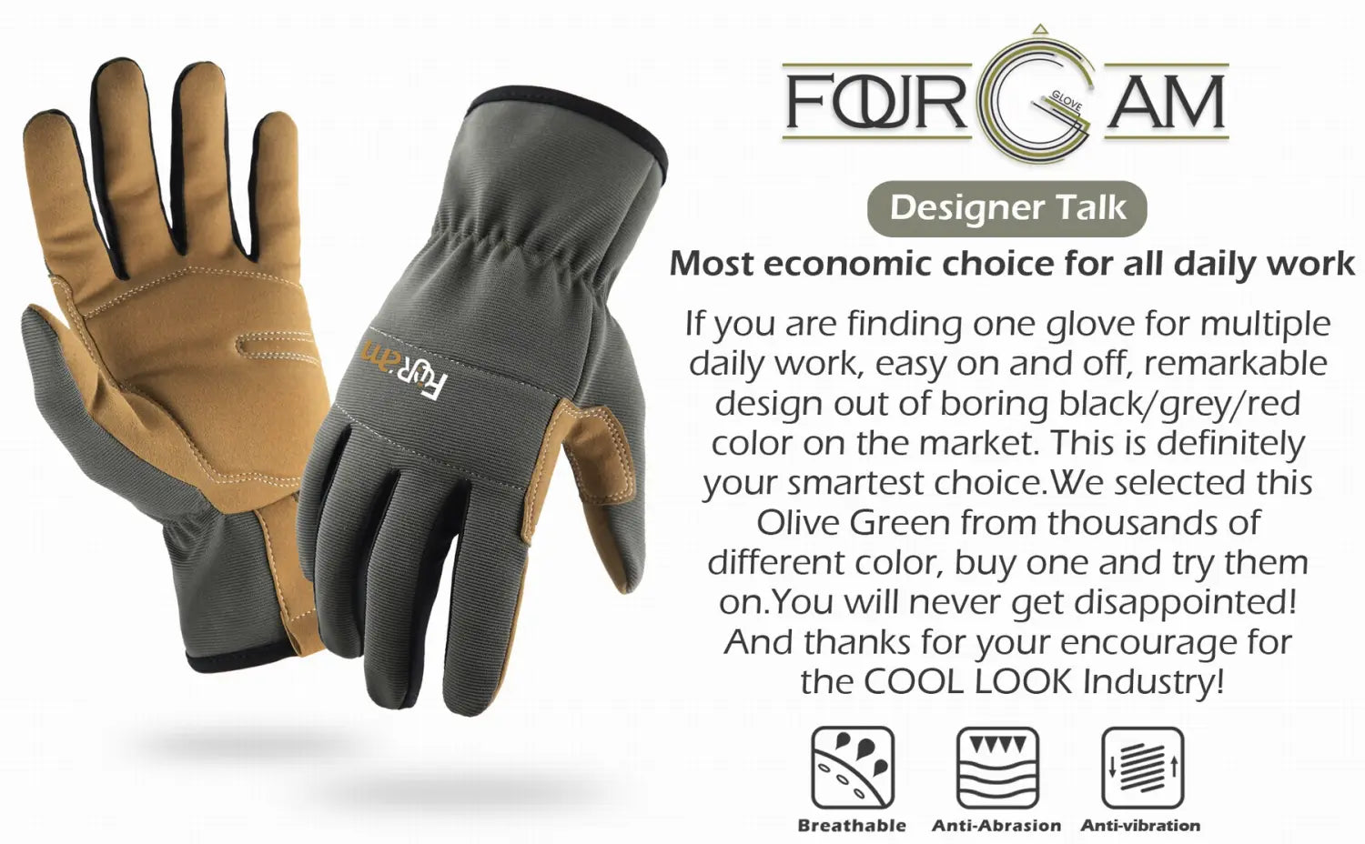 Gants de travail vert olive et beige, avec paumes renforcées, conçus pour la durabilité et le confort, dotés d’une dextérité respirante compatible avec les écrans tactiles.