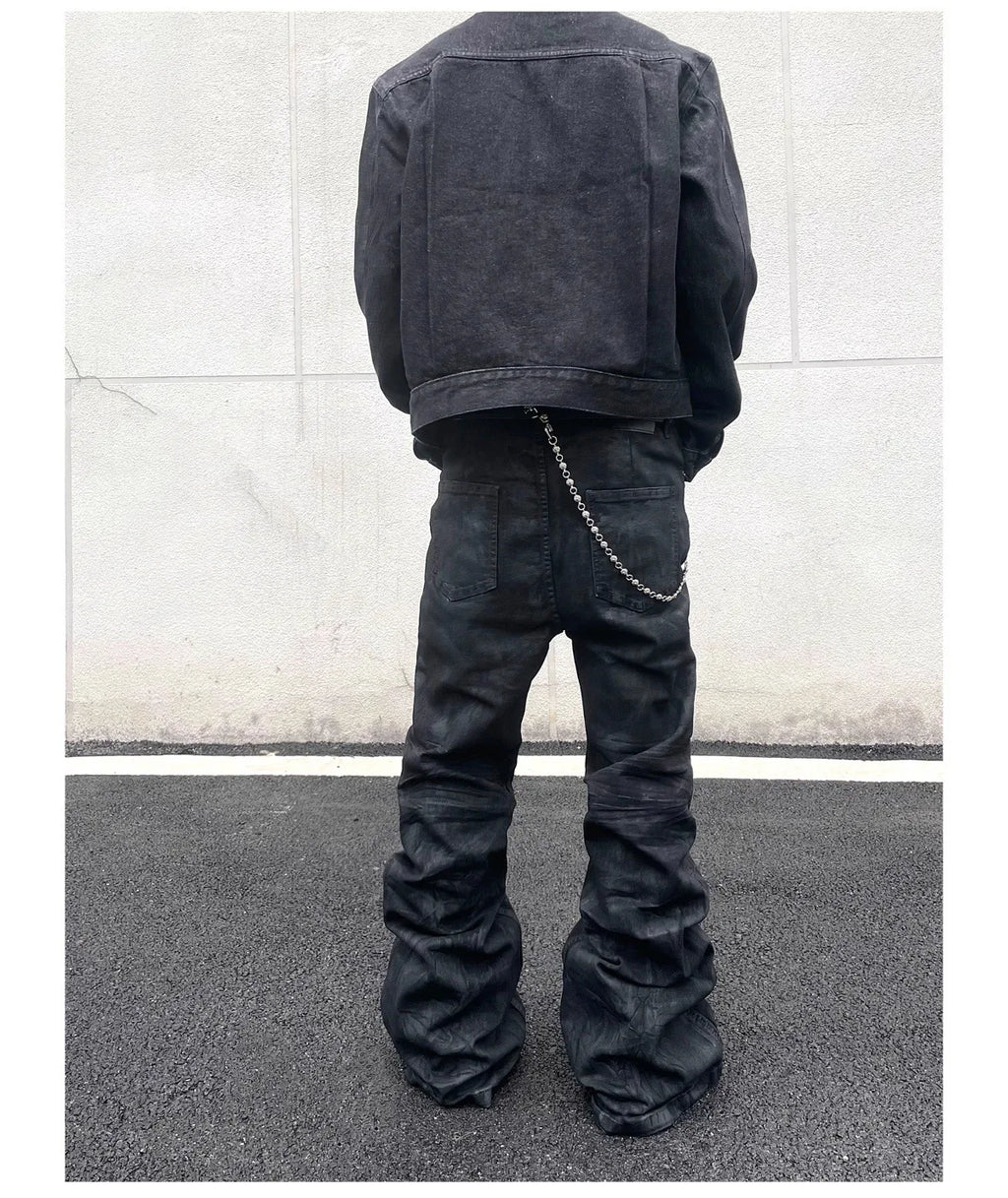 Denim Pant Men Stacked Jeans Vintage Pants Spliced Full Length Mid Waist Washed Straight Trousers Y2k High Street Casual Spring
