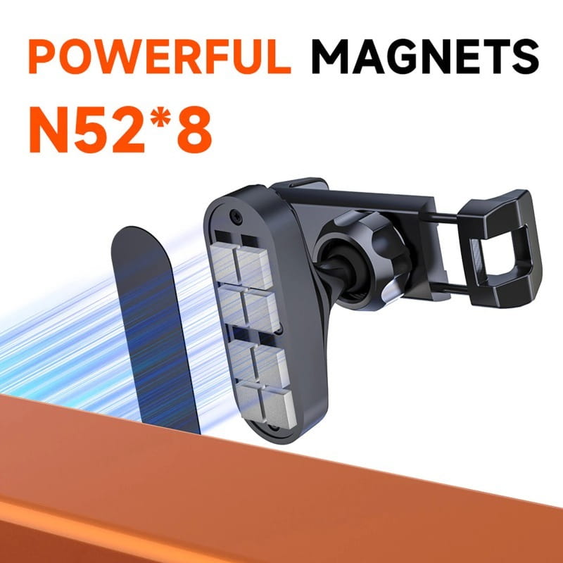 black magnetic gym phone holder with eight n52 grade magnets arranged in a grid pattern on the back side featuring a 360 adjustable mount
