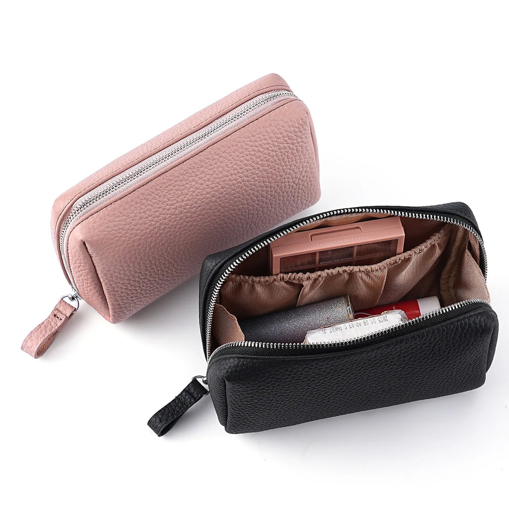 Leather Travel Toiletry Bag for Women, Mini Cosmetic Pouch Organizer with 3 Dividers, Easy Clean Makeup Bag for Purse