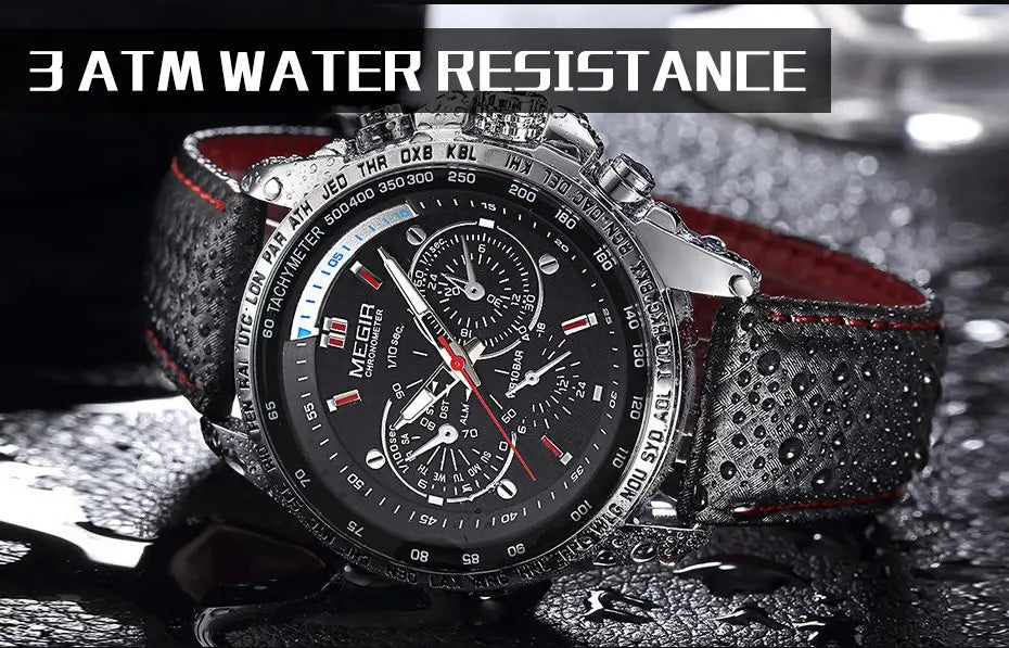 Black dial megir 1010 men quartz chronograph watch with silver-toned case and textured black leather strap featuring red stitching.