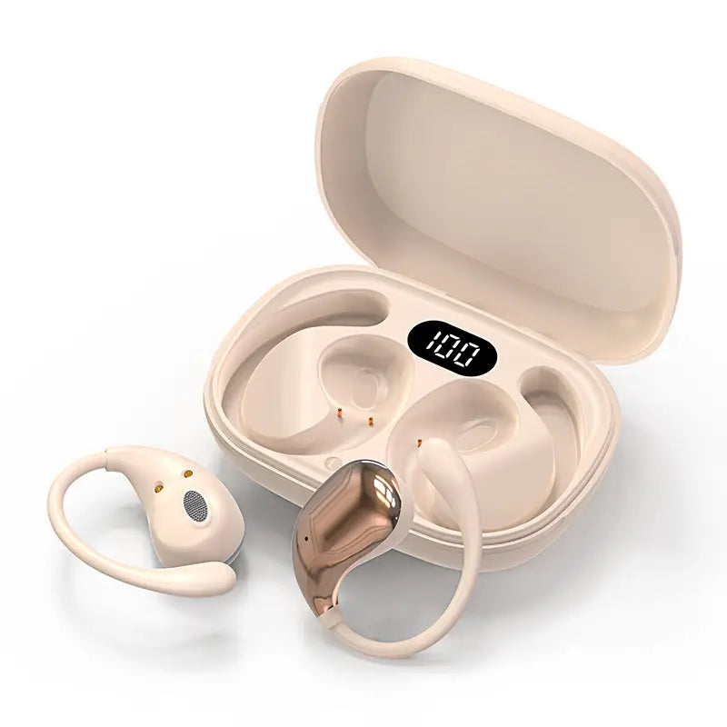 Cream-colored bluetooth ear hook headphones wireless sports earbuds with rose gold accents and a matching charging case displaying 100 percent battery.