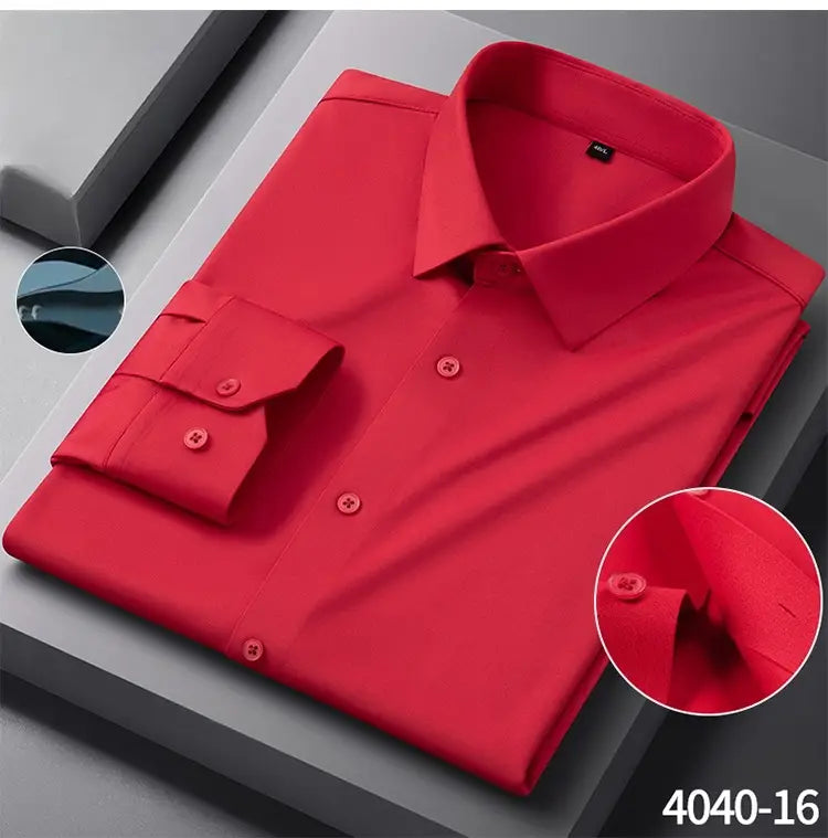 A vibrant red slim fit nylon men’s formal dress shirt with long sleeves, a classic collar, and matching buttons.