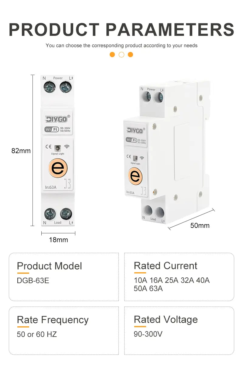 Weißer Kunststoff-DIYGo DGB-63E Live-Leitungs-WLAN-Smart-Leistungsschutzschalter mit rundem Logo in Goldfarbe und schwarzen Klemmschrauben für Anwendungen mit Zeitsteuerrelais und Energiemessgerät.