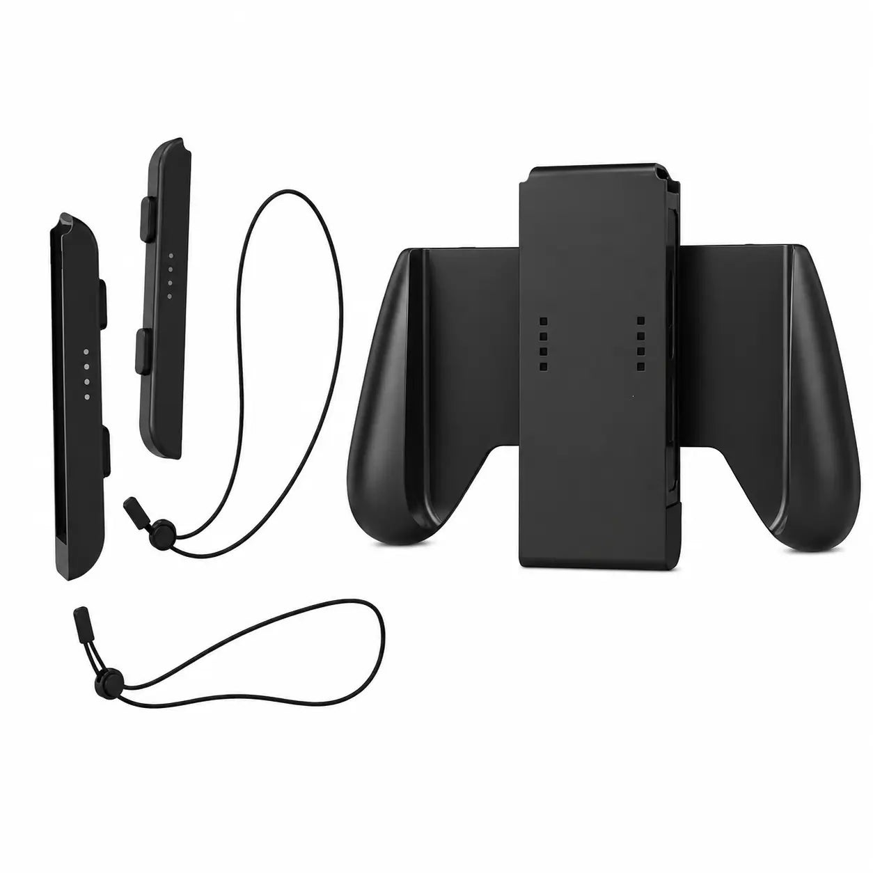 Set aus schwarzem Kunststoff-Greifhalter für die Nintendo Switch und Ladestation mit zwei abnehmbaren Controllern, Lanyard und mitgeliefertem Handgelenkriemen zur verbesserten Spielsteuerung.