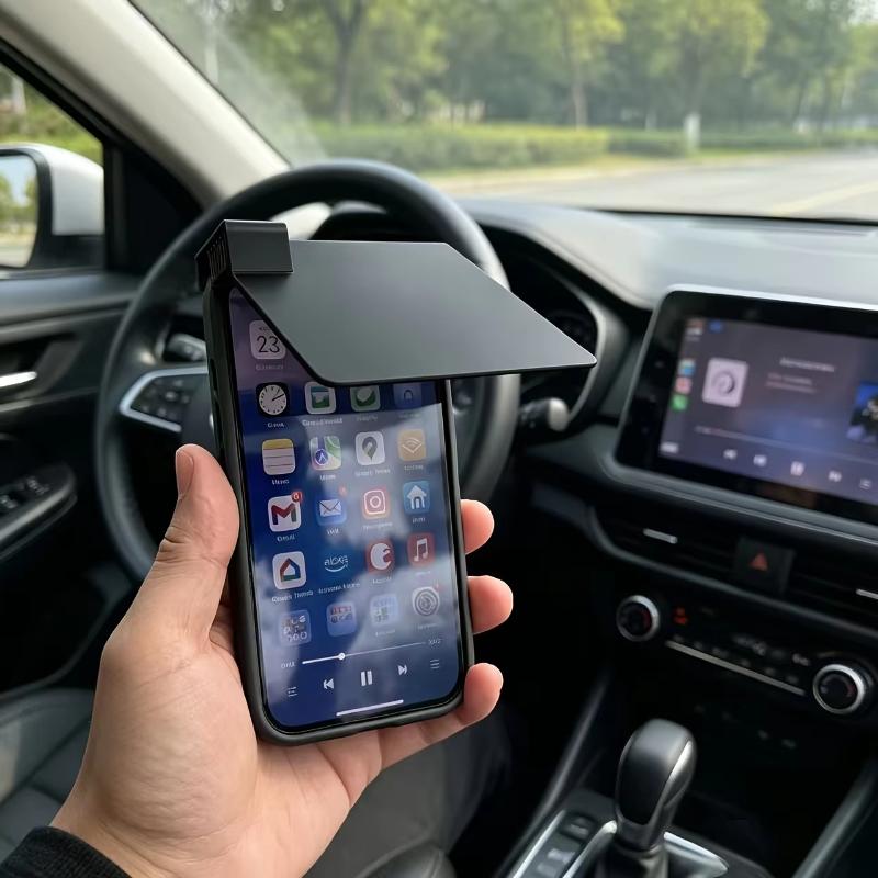schwarzes, hausförmiges Telefon-Sonnenblendengehäuse mit schrägem Dach und schlankem, minimalistischen Design, von der Rückseite dargestellt, zum Schutz vor Blendung.