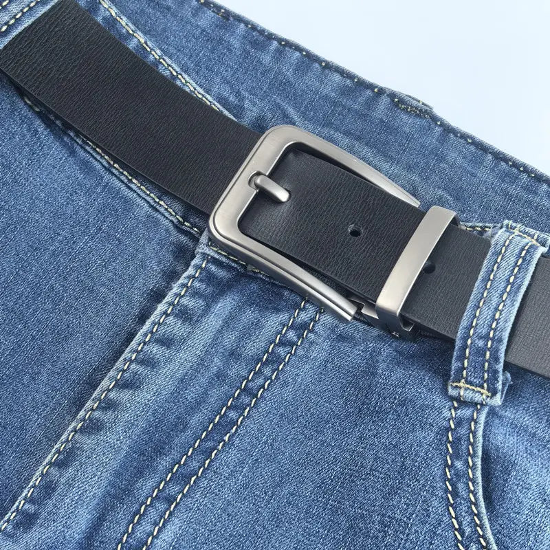 Black leather men leather belt with a silver-toned rectangular pin buckle for classic business casual use.
