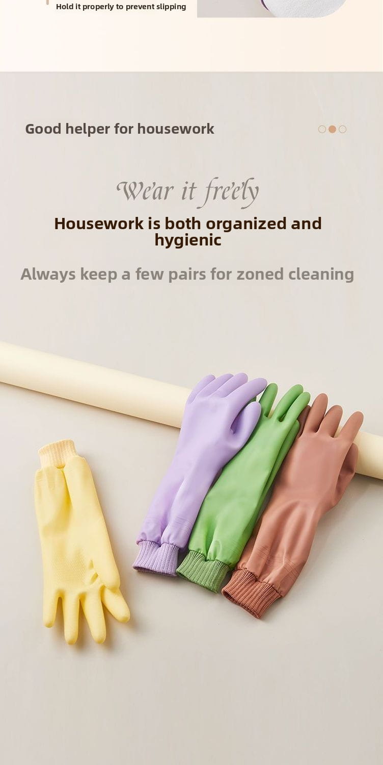 Lot de gants de vaisselle imperméables colorés pour femmes, en latex, dans les tons jaune, violet, vert et rose.
