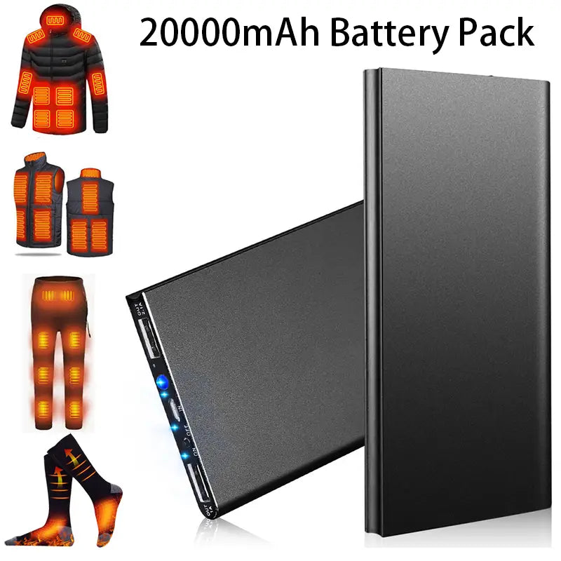 Banco de energía portátil negro rectangular de 20000 mAh con puertos USB y luces indicadoras, diseñado para prendas térmicas.