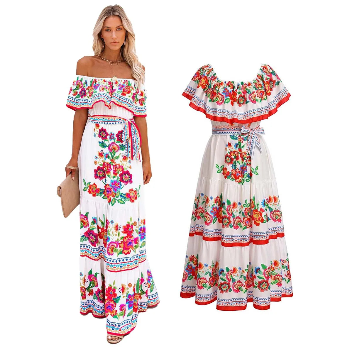 Beach Holiday Party Traditional Ethnic Wear Off Shoulder Floral Print Women Mexican Dress