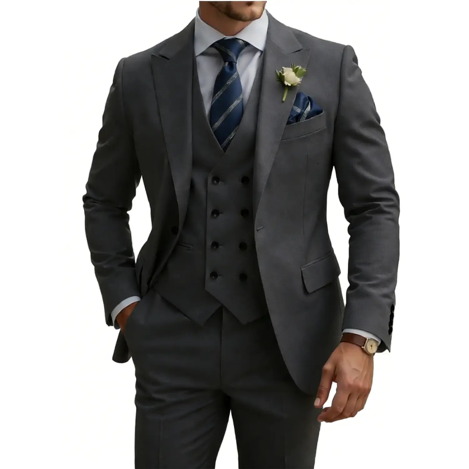 Costume trois pièces beige pour hommes en coupe croisée double boutonnage avec un gilet gris anthracite finement taillé et un pantalon assorti, agrémentés d’une cravate à rayures bleu marine et d’un mouchoir de poche assorti