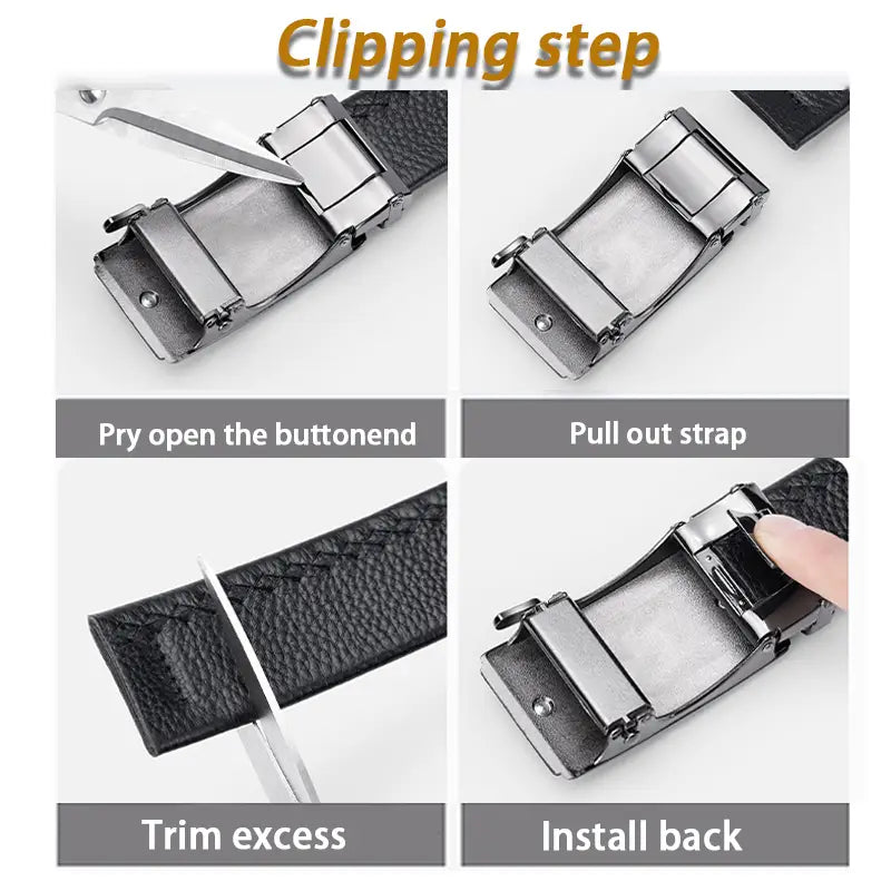 Black leather belt with a silver-toned automatic buckle for men