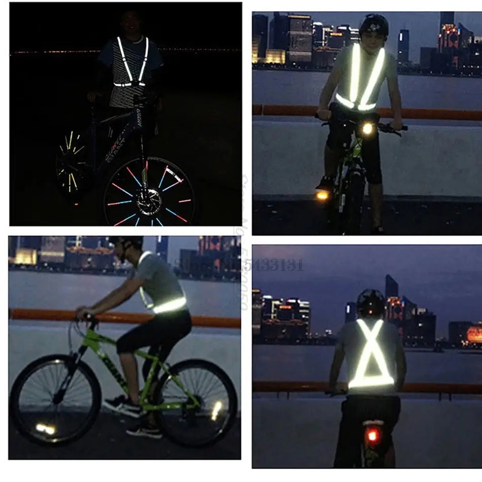 Reflective motorcycle safety vest with bright white triangular design and reflective strips for enhanced visibility and adjustable fit.