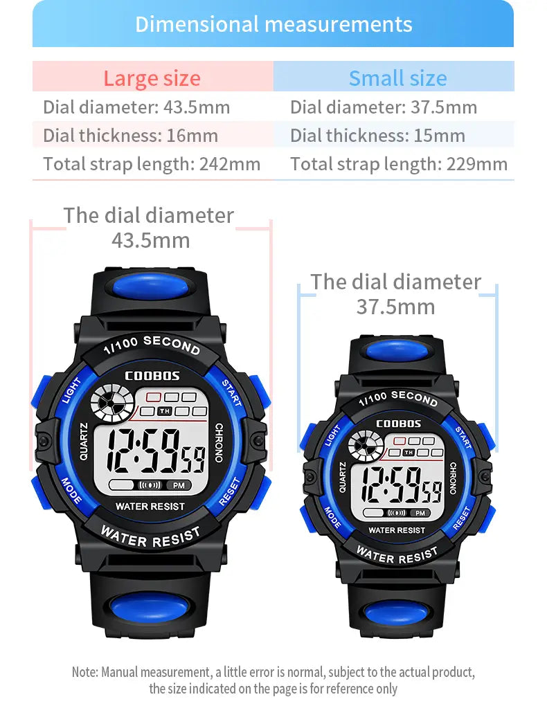 black and blue coobos kids watch digital watch with sporty design quartz movement and waterproof led sports wristwatch features reloj digital display and water-resistant functionality