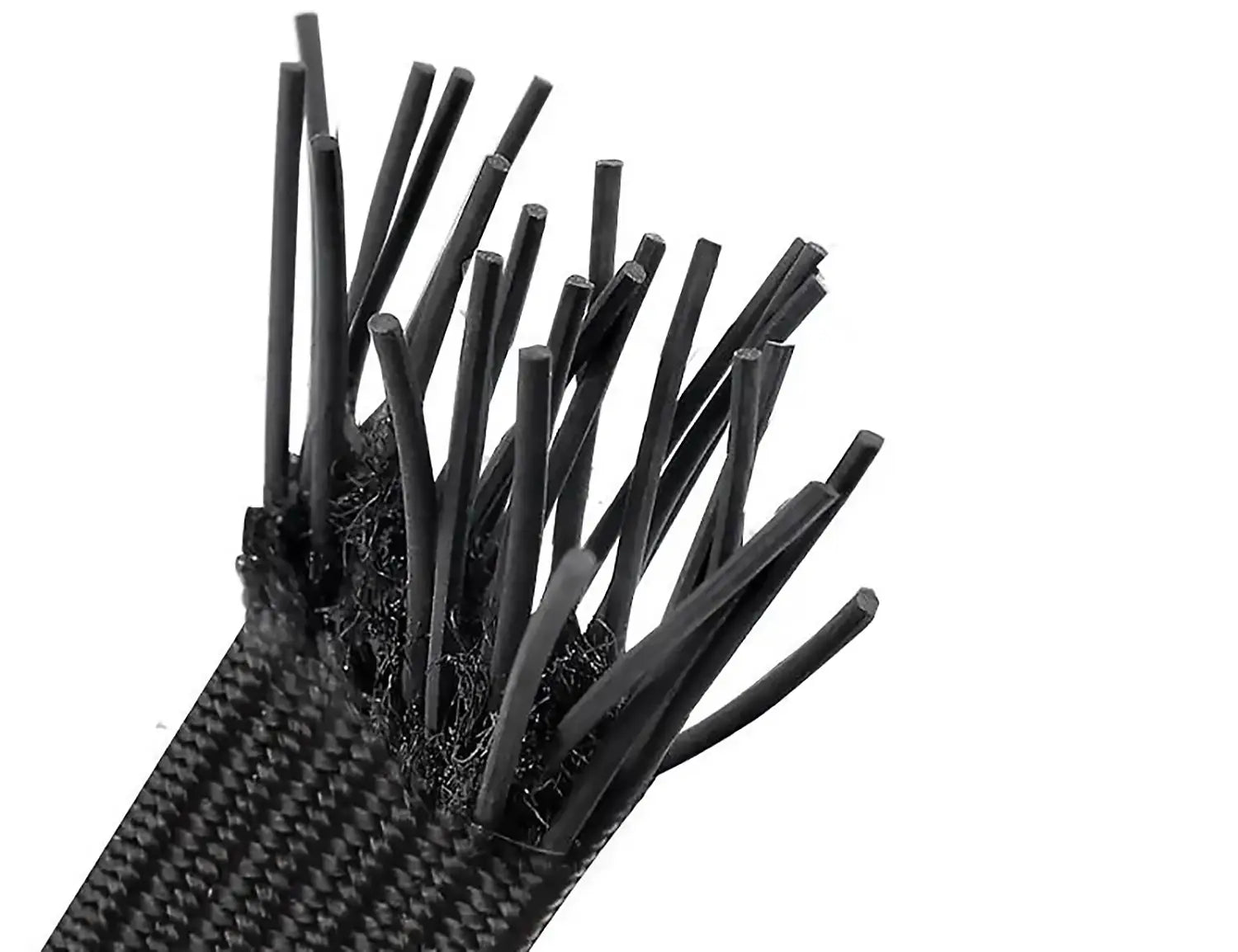 Black woven cable tie with a textured braided exterior and exposed internal strands for use in a car trunk organizer elastic cargo strap.
