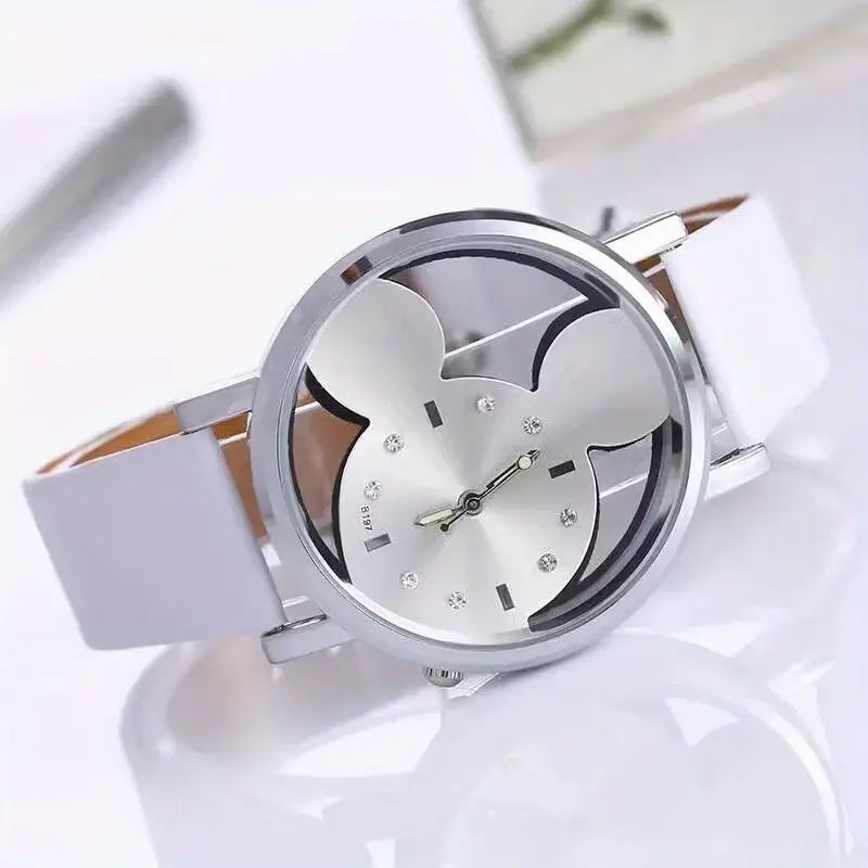 Silver Mickey Mouse-themed leather kids quartz watch with a white strap and crystal accents on the face.