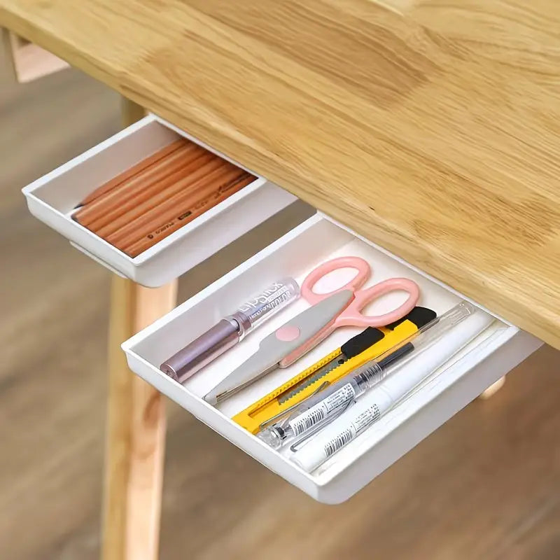 Boîte de rangement blanche en plastique sous le bureau avec tiroir coulissant, organisateur à deux compartiments pour crayons, ciseaux et fournitures de bureau