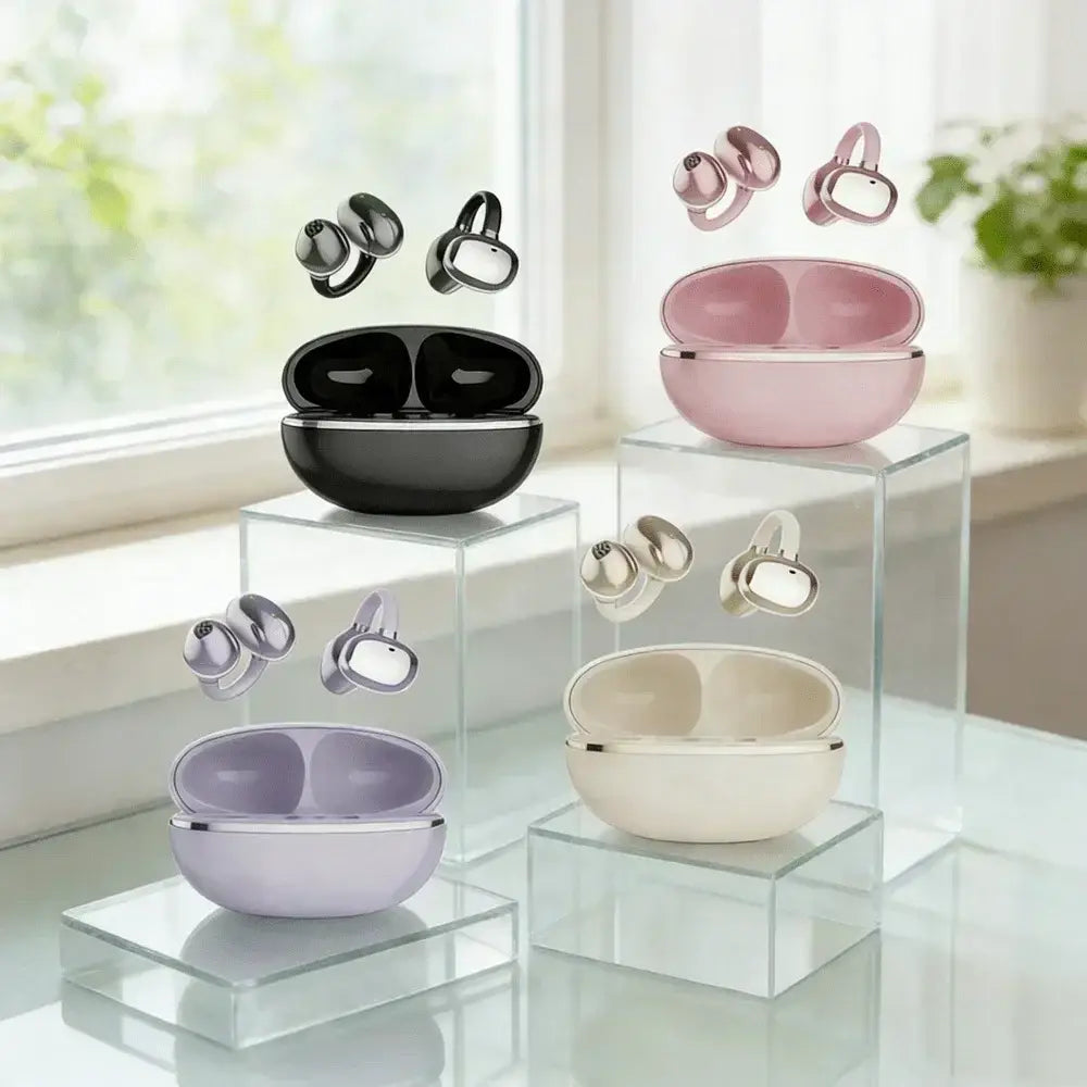 Auriculares inalámbricos de clip para oreja Bluetooth con un acabado negro elegante, oro rosa, plata y lavanda, con estuches de carga ovalados a juego diseñados para el control óptimo del volumen de los medios y para facilitar el acceso al manual de usuario.