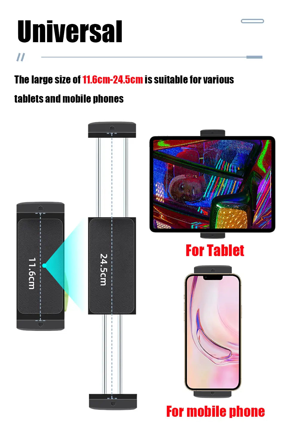 Black universal tablet holder with suction cup mount and adjustable height for similar size devices between 11.6cm to 24.5cm designed for windshield installation.