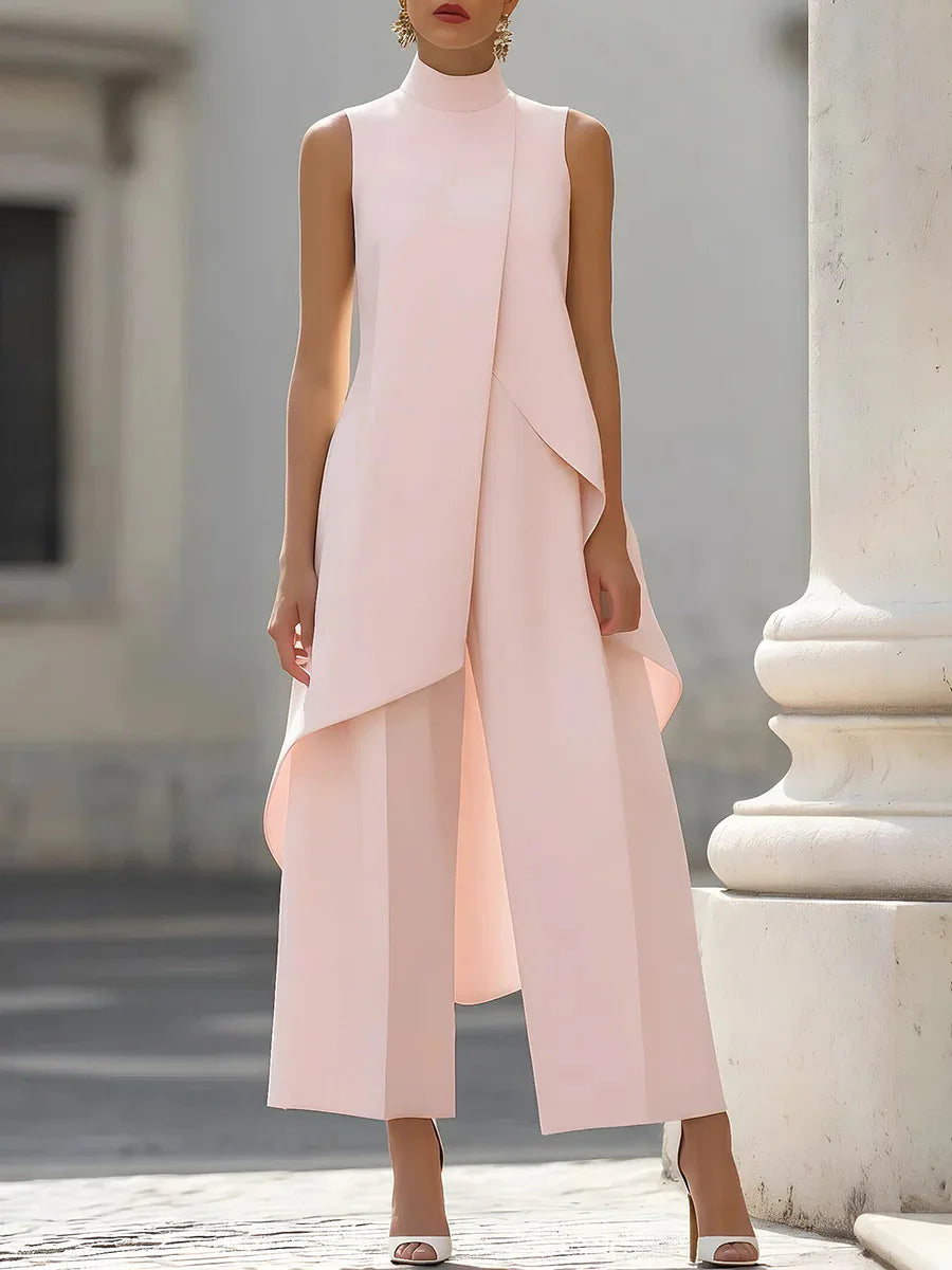 Women Stand Neck Sleeveless Layered Long Vest Wide Leg Pants Co Ord Set Elegant Business Formal Office Commuter Two Piece Outfit