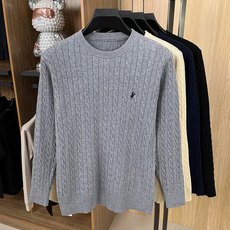 Men embroidered cable knit sweater in gray with a small black embroidered polo player logo on the left chest.