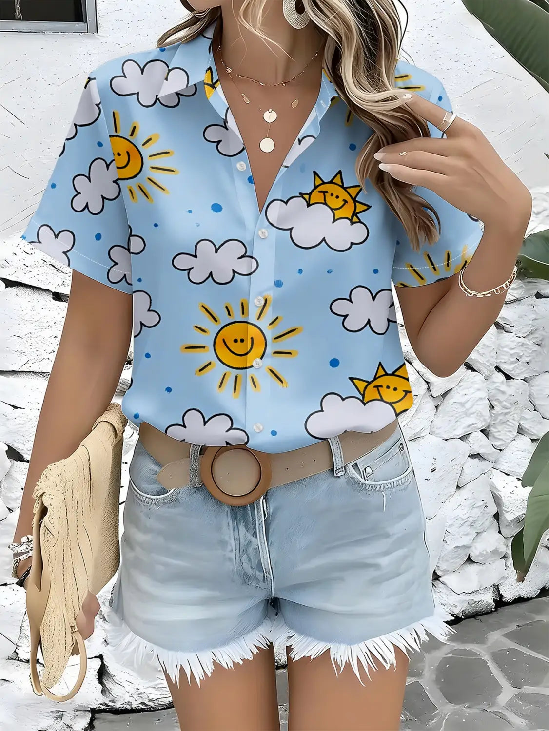 hellblaue Damen-Freizeitbluse mit kurzen Ärmeln aus Polyester, mit einem fröhlichen Cartoon-Sonnen- und Wolkenmuster.