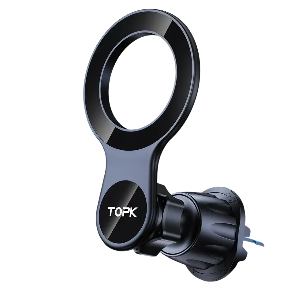 Black magnetic TOPK car phone holder with circular ring and adjustable clamp for MagSafe car phone mount use