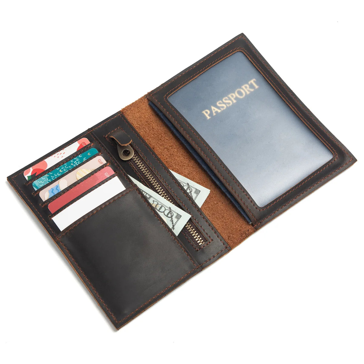 All-in-One Leather Passport Holder - Travel Wallet with Zipper & Card Slots, Durable Document Organizer for Trips & Business