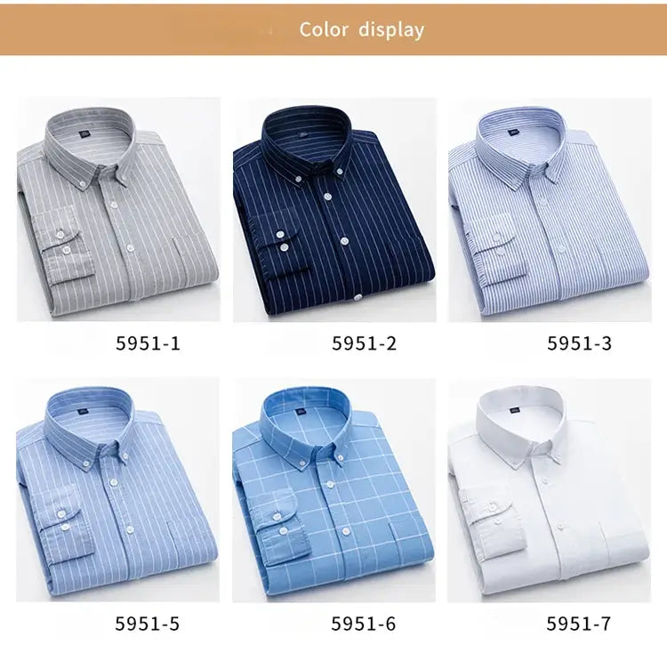 Six neatly folded men’s cotton oxford slim fit plaid and patterned dress shirts in gray pinstripes navy blue stripes light blue checks and solid white colors.