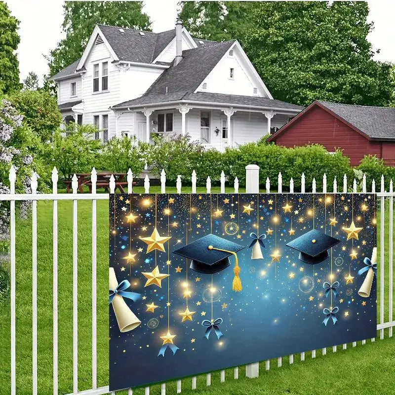 Blue graduation party backdrop featuring a decorative banner with gold and silver stars, black caps, and rolled diplomas against a starry night sky design.