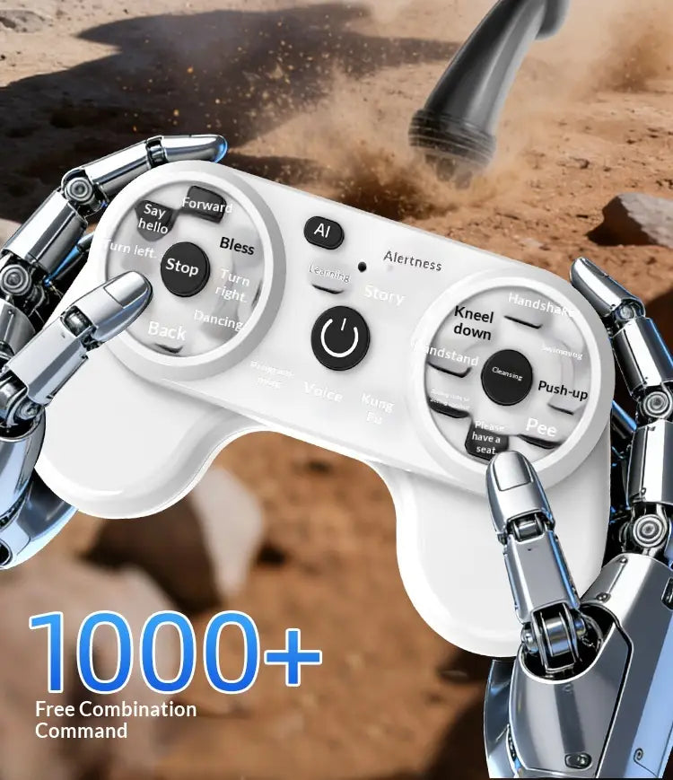 White plastic gaming controller with silver metallic robotic hands gripping it and circular button clusters labeled with commands such as say hello stop and push-up for the ai smart robot dog interactive electronic pet.