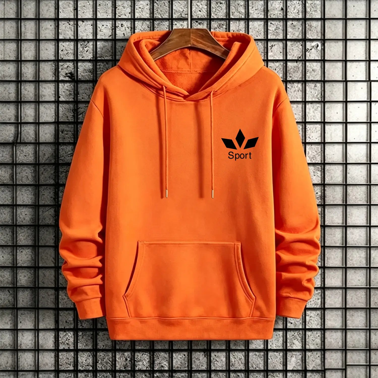 Men activewear pullover hoodie sweatshirt in bright orange featuring a black adidas-style logo and sport text on the chest.