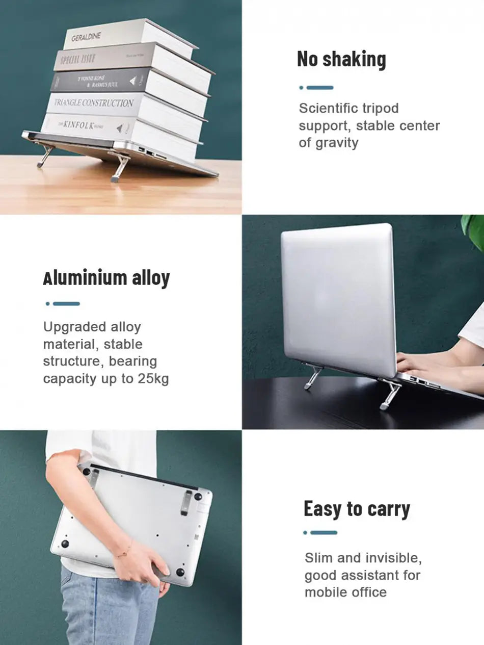 Silberner Laptopständer aus Aluminiumlegierung mit Stativ-Design für eine stabile Auflage, ausgelegt für Mobiltelefone und Laptops.