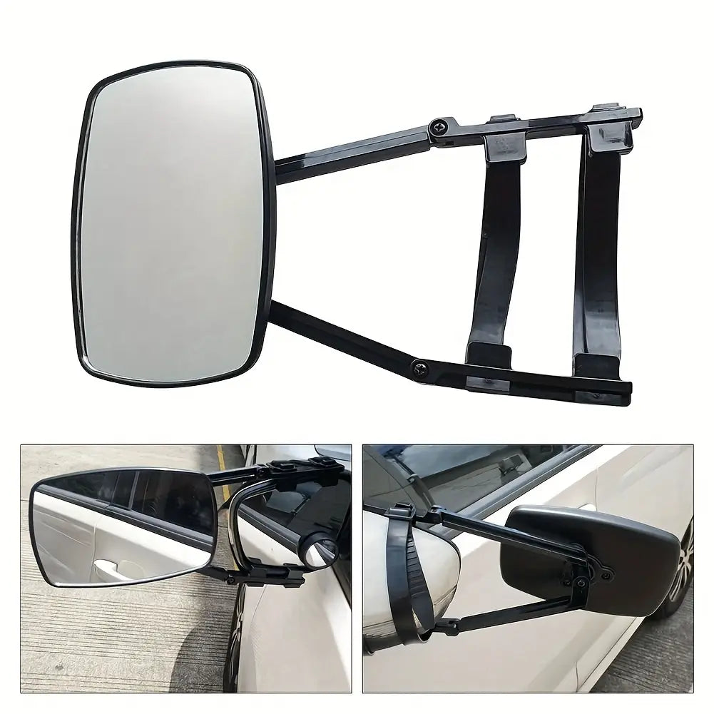Clip extensible negro para la extensión del retrovisor de enganche, para autocaravanas y camiones, con superficie reflectante rectangular y soporte de montaje ajustable, mostrado desde el lado posterior.