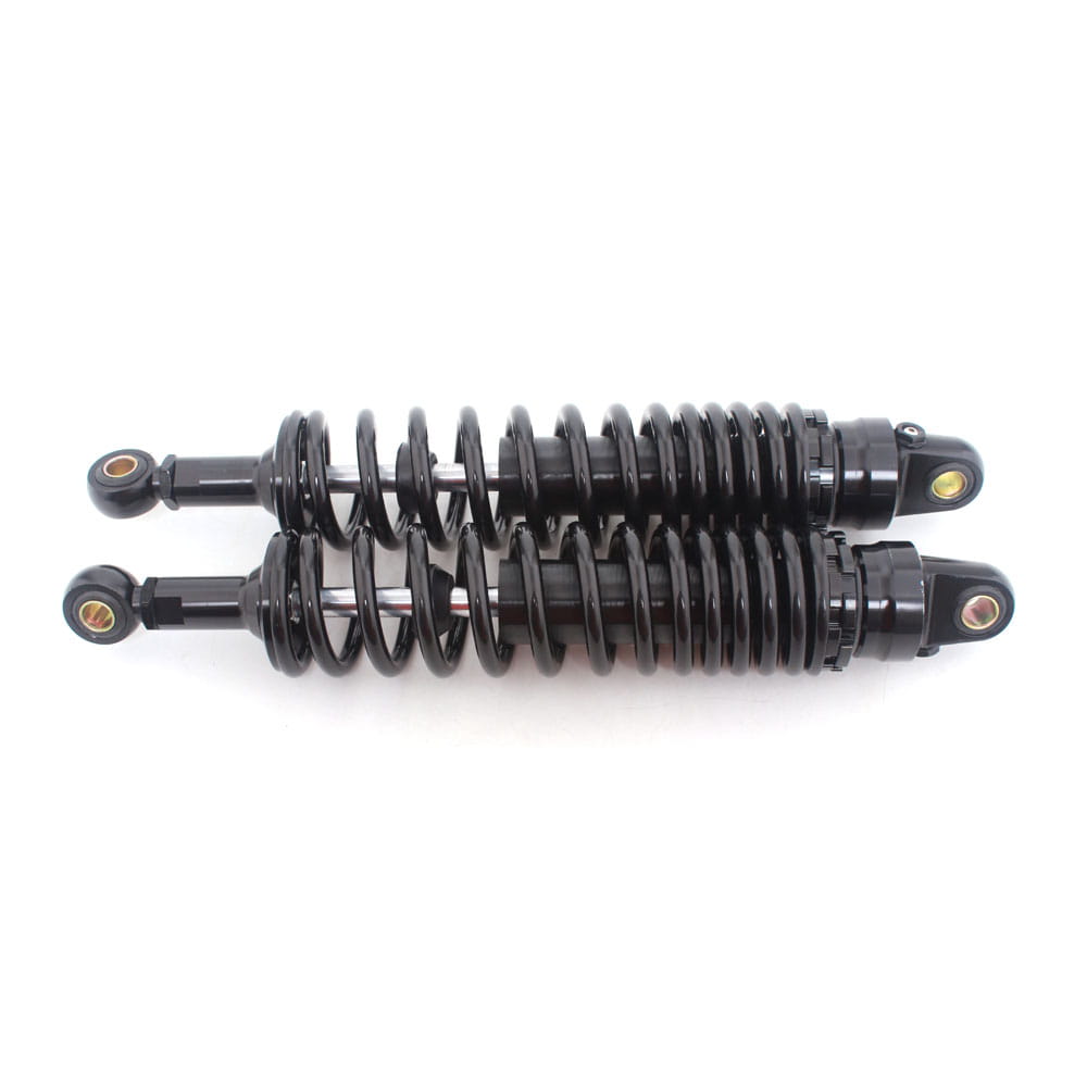 360mm motorcycle rear shock absorbers pair universal black with black coil-over springs, polished finish, and gold-colored threaded ends shown from the back side.